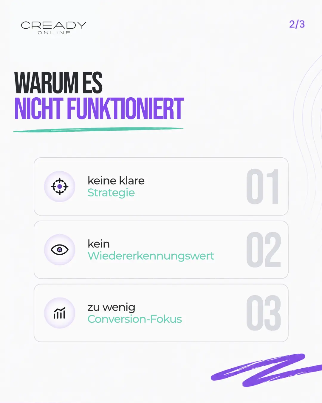 Slide 2 von 3 für Cready Online: Überschrift „Warum es nicht funktioniert“ und drei nummerierte Punkte: keine klare Strategie, kein Wiedererkennungswert, zu wenig Conversion-Fokus.
