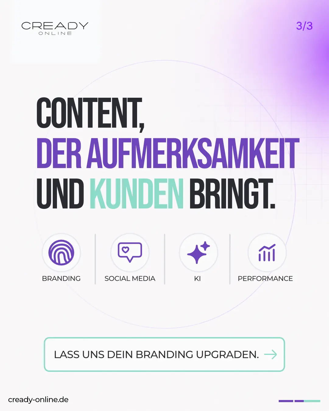 Slide 3 von 3 für Cready Online: „Content, der Aufmerksamkeit und Kunden bringt.“ mit vier Icons für Branding, Social Media, KI und Performance und dem Button „Lass uns dein Branding upgraden“.