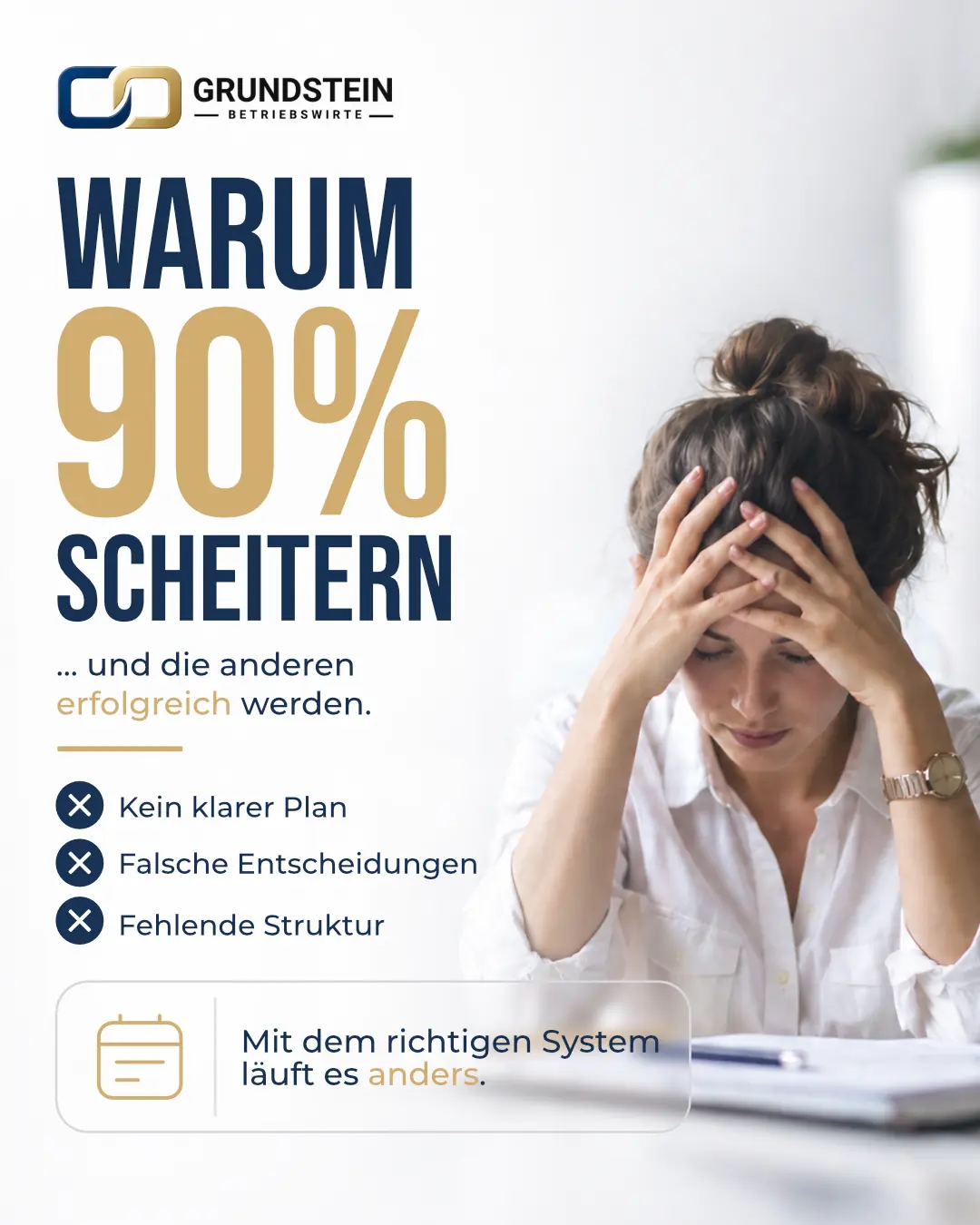 Beitrag für Grundstein Betriebswirte: „Warum 90 % scheitern … und die anderen erfolgreich werden“ mit drei Gründen: kein klarer Plan, falsche Entscheidungen, fehlende Struktur; daneben eine Frau, die sich an den Kopf fasst.