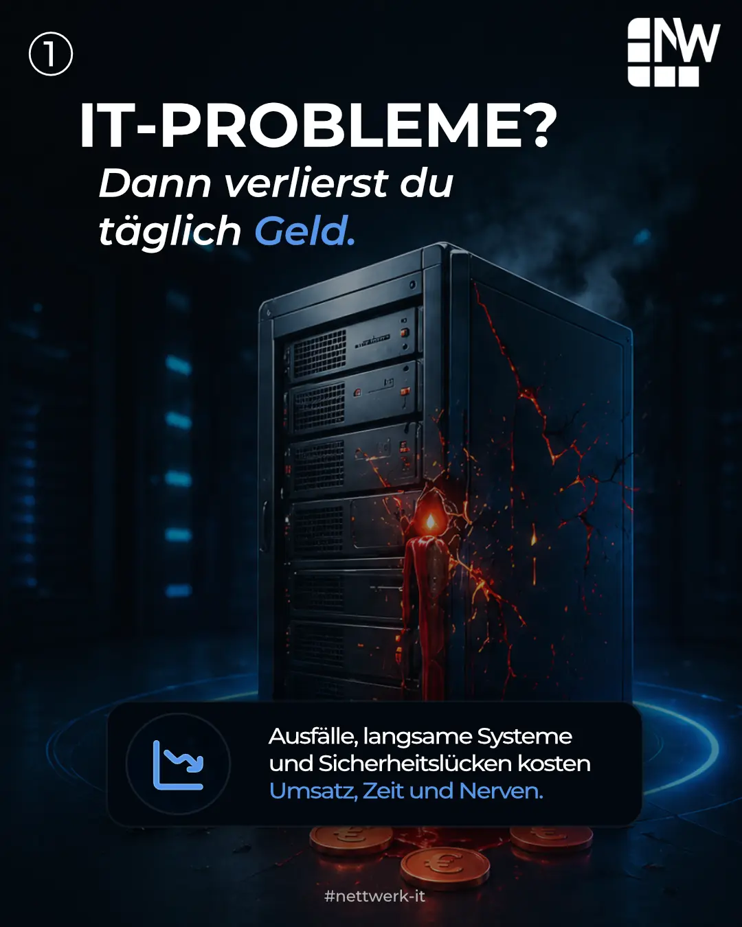 Slide 1 von 4 für Nettwerk IT: beschädigter Serverschrank mit glühenden Rissen und Euro-Münzen, Überschrift „IT-Probleme? Dann verlierst du täglich Geld.“