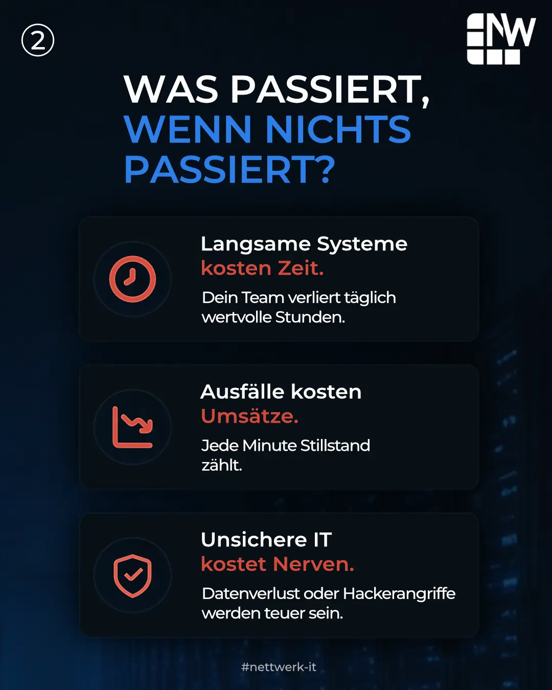 Slide 2 von 4 für Nettwerk IT: „Was passiert, wenn nichts passiert?“ mit drei Punkten: langsame Systeme kosten Zeit, Ausfälle kosten Umsätze, unsichere IT kostet Nerven.
